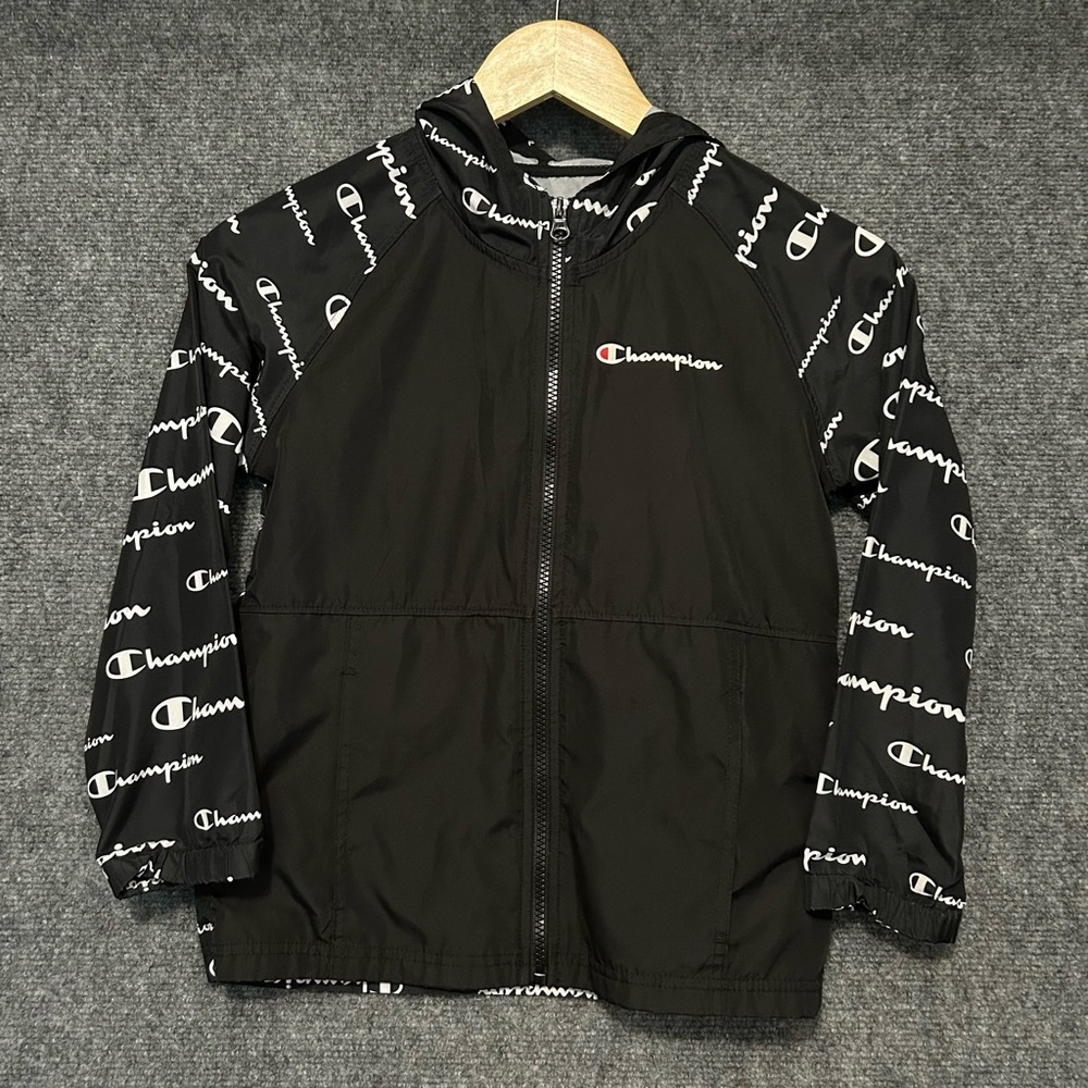 Champion Kids Windbreaker Jacket Black and White Logo Size 7